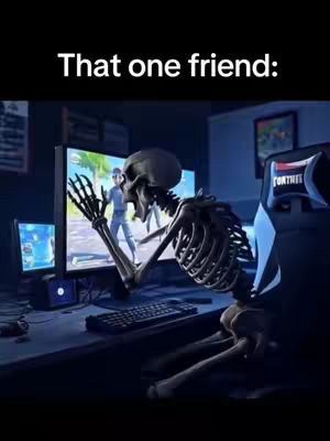 A digital artwork featuring a skeleton reacting to a computer screen showing a Fortnite game. The skeleton sits at a desk in a dimly lit room.