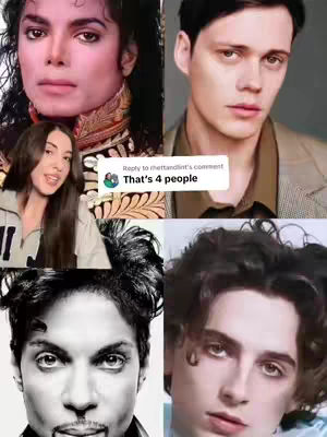 The cover image is a collage of four faces: Michael Jackson, Bill Skarsgård, the video creator, and Prince. A comment bubble overlayed says, 'That's 4 people'. The overall composition is a grid, with each face in a quadrant.