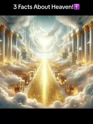 An AI-generated image depicts a heavenly path illuminated by a bright light. Golden columns and buildings line both sides of a cloud-filled path. The text overlay reads: "3 Facts About Heaven!"