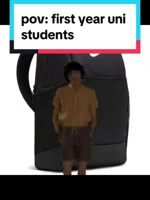 The cover image features a person standing in front of a large black backpack against a plain white background. The text overlay reads 'pov: first year uni students'.