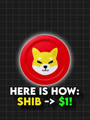 The cover image features a Shiba Inu dog coin icon set upon a radiating red circle in front of a gray and black grid background. Below the icon, text in white and yellow is displayed: 'HERE IS HOW: SHIB -> $1!' highlighting Shiba Inu's goal.