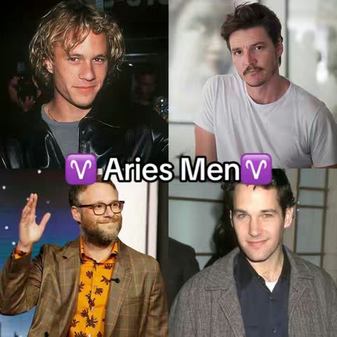 A grid-style image featuring four celebrity portraits against a dark background. The top left shows Heath Ledger, the top right Pedro Pascal, the bottom left Seth Rogen, and the bottom right Paul Rudd. The image has overlay text that combines the Aries zodiac symbol with the words "Aries Men".