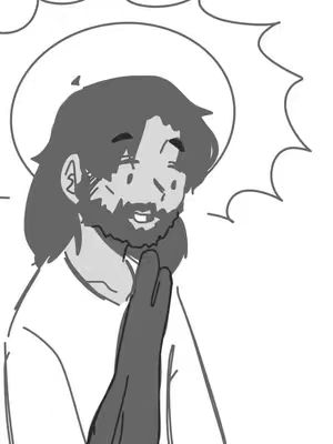 A monochrome illustration of Jesus with a halo, hands clasped in prayer, and a smiling face.