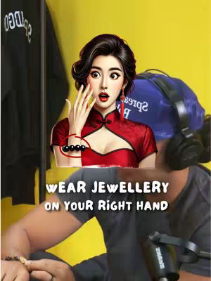 A stylized image featuring a surprised woman with a digitally enhanced appearance is the focal point. She wears a red dress with a high collar and a cut-out neckline, her expression one of astonishment. Her right hand is raised towards her face, where a black bracelet is visible. The background is a mix of yellow and blurred figures. The overlay text announces a warning about wearing jewelry on the right hand. An arm with jewelry on the left hand and a visible microphone suggest the presence of the speaker in the recording.