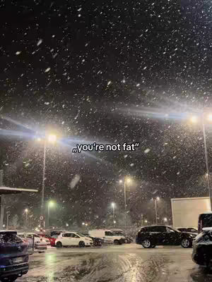 A snowy, night scene showing a parking lot filled with cars and streetlights casting an orange glow. The text overlay is white and appears at the center.