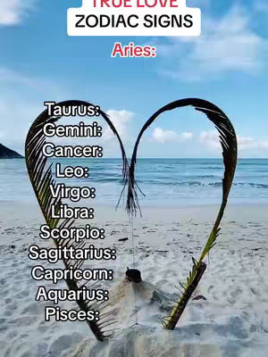 A photo of a beach scene with the text overlay 'TRUE LOVE ZODIAC SIGNS' at the top. A heart shape is formed by two stylized palm fronds. Inside the heart, twelve zodiac signs are listed, each on a line. The sky is blue, and the beach is white sand with water in the background.
