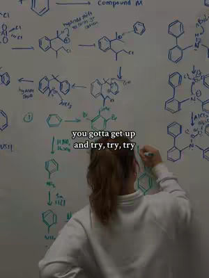 A person is writing on a whiteboard filled with chemistry diagrams and equations. The person has their back to the camera, wearing a white sweatshirt. Overlayed on the image is text in a black font.