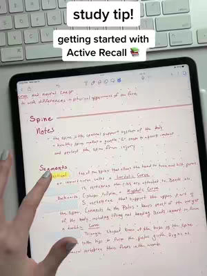 A person's hand points to notes on an iPad screen. The top of the image shows a keyboard and the text overlay reading 'study tip!'.