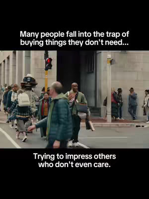The image is a vertical video still from a city street scene. In the foreground, a man in casual wear is walking, with a green jacket and what appears to be a backpack. Behind him, a crowd of people fills the sidewalk, with buildings lining both sides of the street. The top half of the image has the overlay text: 'Many people fall into the trap of buying things they don't need...' The lower half of the image displays the text: 'Trying to impress others who don't even care.'