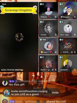 The image displays a live streaming interface with multiple user profile pictures arranged in a grid. The top left of the screen contains text with the words 'Sovereign Kingdom,' a host profile, and a circular image. In the center is a central circular image. Below the users is a section for user interaction and activity. The overall color scheme is dark with pops of color from the user profile pictures and interface elements.