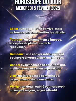 The cover image features a celestial background with a swirling galaxy and planets. Overlaid on this is text in a stylized font that includes the title "HOROSCOPE DU JOUR MERCREDI 5 FÉVRIER 2025" followed by daily horoscopes for different zodiac signs. The text is set against a dark and cosmic backdrop.
