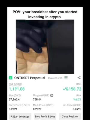 The cover image shows a phone screen displaying a crypto trading app interface overlaid on a blurred image of someone cutting into food. The top of the screen reads, "POV: your breakfast after you started investing in crypto." The app data includes trading pair and profit/loss information. The background image depicts a person interacting with a piece of food, likely bread, with a dark-gloved hand. The overall composition uses text overlays and app data to present a humorous take on cryptocurrency investing.
