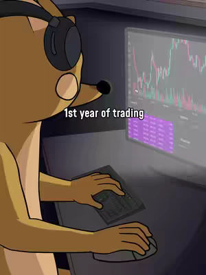 An animated deer character wearing headphones is sitting in front of a computer screen displaying stock market graphs. The deer is interacting with a keyboard and mouse, suggesting it's trading. Text overlayed says, '1st year of trading'.