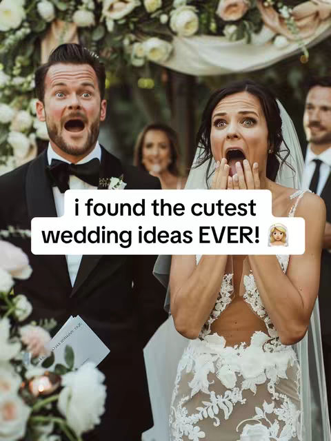 A couple reacting with open mouths and hands covering their faces, in front of wedding decorations and guests as the main focus. The hook reads, 'i found the cutest wedding ideas EVER!'