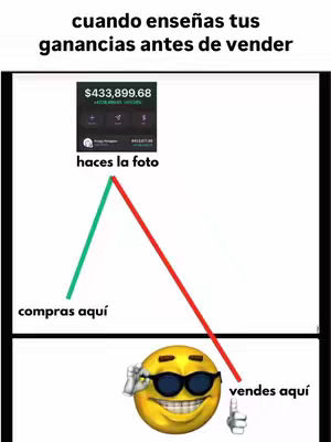 The image is a meme-style infographic with a financial theme. Text at the top states, "cuando enseñas tus ganancias antes de vender" (When you show your profits before selling). There's a screenshot of a financial app with $433,899.68, then the text "haces la foto" (you take the photo). A humorous diagram uses lines to illustrate the buying and selling of a financial asset, and uses a sunglasses-wearing, thumbs-up emoji to indicate the point of sale. The background is clean and white, directing focus to the textual and graphic elements.