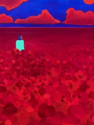 An artistic image of a landscape dominated by red with a blue sky. A figure wearing a turquoise garment stands in the foreground amid a field of red elements, possibly flowers, with a field-like appearance. The upper portion shows a gradient of blue, suggesting a sky, and some red clouds. The overall aesthetic is somewhat stylized, with a focus on color contrast.