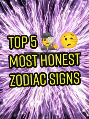 The cover image features a purple, abstract background with white streaks. On top, the text overlay reads "TOP 5 MOST HONEST ZODIAC SIGNS" in large yellow font. Emojis of an investigator and a bewildered face are present.