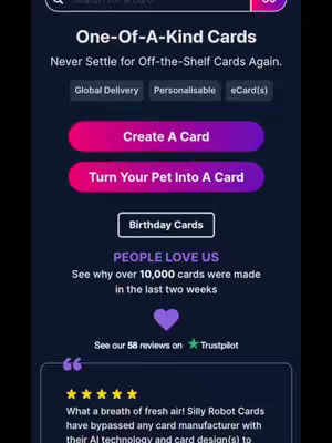 A vertical image showcasing a mobile app interface with a dark blue background. The top section displays "One-Of-A-Kind Cards" in white, bold text, with a subtitle below. Underneath, there are two large buttons labeled "Create A Card" and "Turn Your Pet Into A Card," both in a gradient of pink to purple. A smaller button labeled "Birthday Cards" is below, followed by supporting text and a heart-shaped icon. Reviews and ratings are displayed at the bottom. The overall composition is clean and modern, emphasizing the app's features.