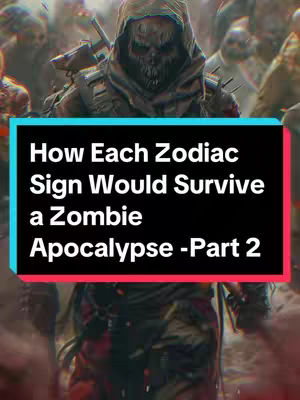 A cover image featuring a person in a hooded, armored outfit with a skull-like mask. The background suggests a zombie apocalypse setting with blurred figures. Overlaid on the image is a black rectangle containing white text: 'How Each Zodiac Sign Would Survive a Zombie Apocalypse -Part 2'. The color scheme is dark, ominous, with touches of red and blue.