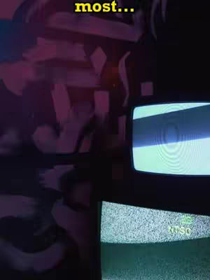 The image has a dark, moody atmosphere with a mix of shapes and textures. The top half of the image is dominated by a dark background with angular shapes, possibly representing abstract figures with shades of pink and purple. In the bottom right, there are two TVs, one old-fashioned, and the bottom one is displaying 'NTSC'.