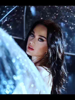 A woman with dark wavy hair and dramatic makeup looks up and to the side. She is partially behind a translucent, bokeh-filled element, likely a fabric or water droplets, creating depth. The backdrop is blurred, suggesting an outdoor or studio setting with soft lighting.