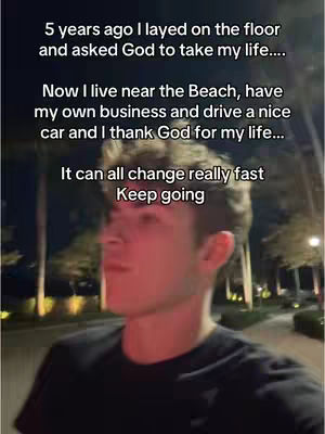 A young man is walking down a street at night, with text overlays describing a personal transformation.