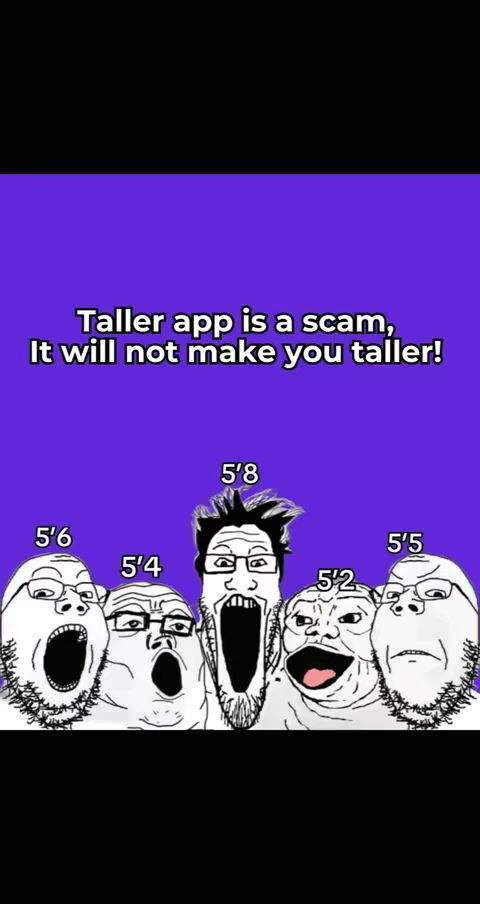 The image features a purple background with a group of cartoon figures designed in a white and black style. On the top, white text serves as the hook, while below, five figures of varying heights are displayed, each with numbers indicating their height in feet and inches. These figures are depicted with open mouths and expressive faces.