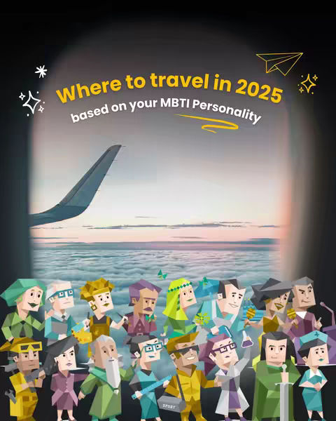 The image features text over a background showing an airplane wing and clouds. Below, diverse cartoon figures, representing different MBTI personalities, are depicted. The color scheme is vibrant with yellow and blue as dominating colors. The overall layout is visually appealing.