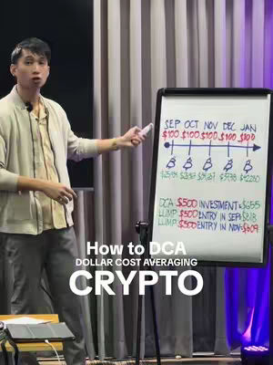 A man is standing and presenting in front of a whiteboard with notes. The whiteboard has a diagram illustrating dollar-cost averaging of crypto. The man is wearing a light-colored zip-up jacket and gray pants. Behind him are neutral-toned curtains. The text overlayed on the bottom is 'How to DCA Dollar Cost Averaging CRYPTO'.