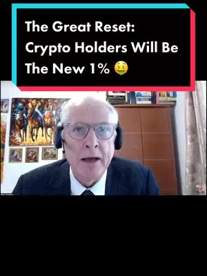 The image shows a man speaking to a camera against a background of art, books, and a wood-paneled wall. A text overlay at the top reads, 'The Great Reset: Crypto Holders Will Be The New 1% 🤑 Are You Ready.'