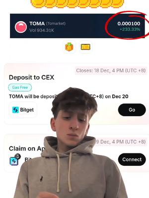 A young man in a gray hoodie looks at the camera with a neutral expression. Behind him is a screen showing a finance app, with data related to a cryptocurrency, "TOMA (Tomarket)", and its value with a rising percentage. Below him are more screen elements about the app, plus decorative pixeled coin graphics at the top of the image.