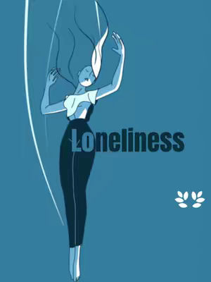 An illustration on a teal background features a stylized figure with long flowing hair, arms raised, accompanied by the word "Loneliness". There are two stylized decorations in the lower right corner. The overall composition conveys a mood of introspection or reflection.