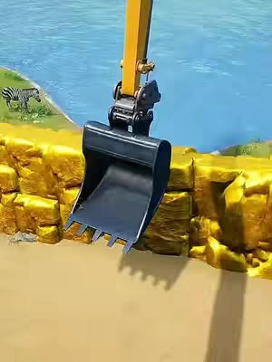An image featuring a toy excavator suspended in front of a backdrop of water and a small island with a zebra illustration. The excavator's bucket is the central focus, positioned just in front of a raised section of land with a painted golden-yellow texture.