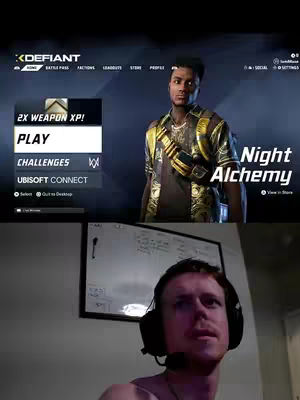 The cover image is split into two sections. The top section shows the XDefiant game interface featuring a character model in the center and menu options on the left. The bottom section depicts the creator in a selfie-style shot, wearing a headset, with a whiteboard in the background.