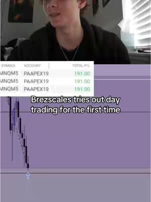 The image is a screen recording showing a person on a video call overlaid on a financial trading platform. The person is in the upper portion. Below that, a table of financial data with account info and P/L is displayed, along with a candlestick chart. The overlay text at the bottom reads 'Brezscales tries out day trading for the first time'. The color scheme consists of whites and shades of purple, gray, and black for the graphs and numbers, lending a modern and clean aesthetic.