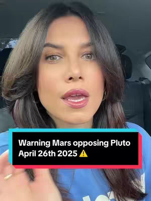 A woman with dark hair and a blue top is centered in the shot, facing the camera with a serious expression. A black and red rectangular overlay obscures the lower portion of her face with text, while a warning symbol is placed in the corner of that overlay.