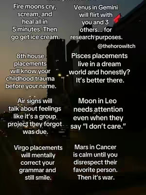 The image is a text overlay displaying astrological insights against an abstract background. The left side features statements about specific astrological placements and activities, while the right side lists different astrological observations followed by the creator's username.