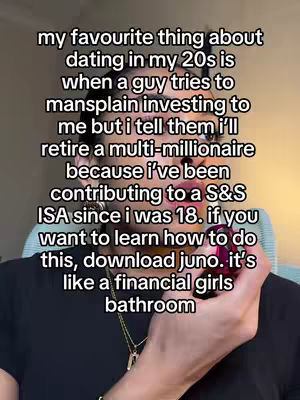 A selfie-style shot featuring a person holding a phone, with overlaid text describing dating experiences and financial advice. The background is slightly blurred, enhancing the focus on the person and the phone.