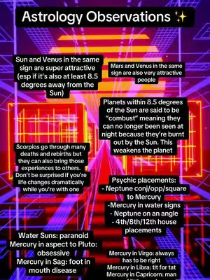 A colorful graphic with a purple and blue background featuring geometric shapes. Text is overlaid on top in a variety of boxes and callouts relating to astrological observations. There are stars above the title.