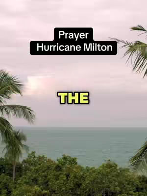 The image shows a serene coastal scene. In the foreground, there's lush green foliage including palm branches. The middle ground features a calm ocean with a slight choppy surface. The sky is a muted pink and gray, suggesting either dawn or dusk, and also a sense of peacefulness. Text overlays on the image say, "Prayer", "Hurricane Milton" and "THE".