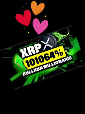 The image features a vibrant, stylized design with a black background. In the foreground, a diagonally oriented banner displays 'XRP 101064%' in bold white text, with the word 'BULLRUN MILLIONAIRE' below. A green upward-pointing arrow graphic is to the left of the text, emphasizing growth. Above this banner are three hearts, red, orange, and pink in color, and the XRP logo. In the background, a green bull is charging rightward. The overall composition is energetic and visually striking, potentially designed to draw attention to the financial topic.