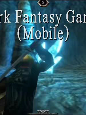 The image shows a scene from a dark fantasy game. A silhouetted figure, possibly a warrior, is raising a glowing blue sword in a cavernous setting of blues and grays. The text overlay reads 'Best Dark Fantasy Game (Mobile)', highlighting the video's focus.