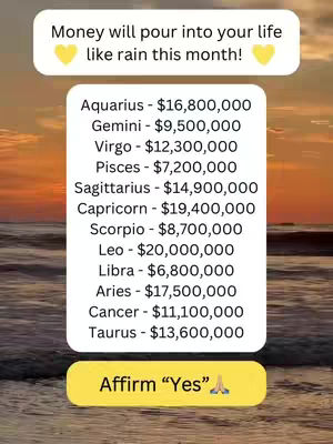 The image features a sunset backdrop behind a white rectangle containing a list of zodiac signs and associated monetary amounts. A yellow speech bubble at the top displays a positive affirmation, while another at the bottom prompts viewers to "Affirm Yes".