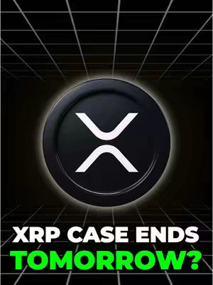 A black and white graphic with the XRP Ripple logo in the center, surrounded by a glowing light. The background has a grid pattern creating a sense of depth. Text at the bottom reads 'XRP CASE ENDS TOMORROW?' in a bold, green font.