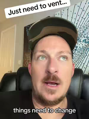 A close-up of a man wearing a camouflage baseball cap, looking upwards with a concerned expression. He is positioned against a background that includes black seating and a wall with an abstract pattern. Text overlays present a message.