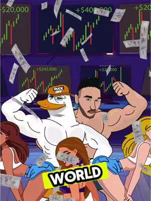 An animated, cartoon-style image depicting a financial theme with a duck character and a man flexing while surrounded by animated money and stock market charts. Various women are also in the image.
