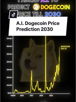 The image is a vertical graphic with a dark background, featuring a yellow-colored, upward-trending line graph superimposed over a dog's face (likely a Shiba Inu, associated with Dogecoin). The graph spans from 2026 to 2030, with labels and dollar amounts on the left-hand side, suggesting price predictions. Text overlays include "PREDICT," "DOGECOIN", "PRICE TILL 2030," and "A.I. Dogecoin Price Prediction 2030." A TikTok icon is visible. The colors are predominantly dark with highlights in yellow, creating a tech-inspired look.