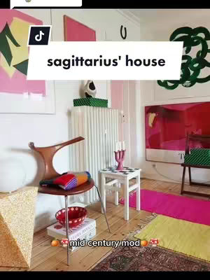 An interior design scene featuring a room with various decorations and furniture. The room is bright with natural light and a variety of colors. A text overlay indicates the video explores the theme of interior design fitting the Sagittarius astrological sign.