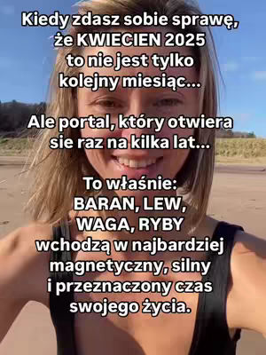 A selfie-style shot of a woman smiling broadly, set against a beach backdrop with text overlays that discuss the astrological significance of April 2025 for Aries, Leo, Libra, and Pisces.