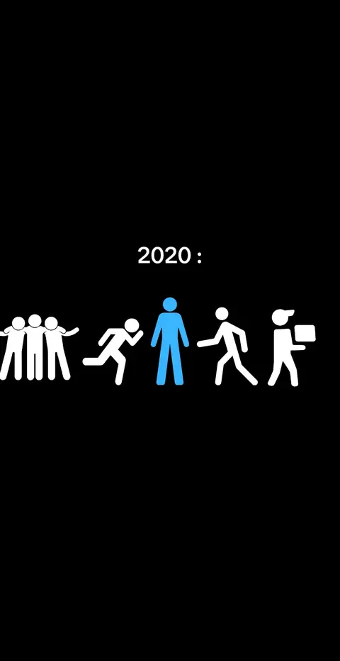 A minimalist illustration on a black background. The image features several white stick figures representing people. A blue stick figure stands out amongst them. Above these figures is the text "2020 : ".